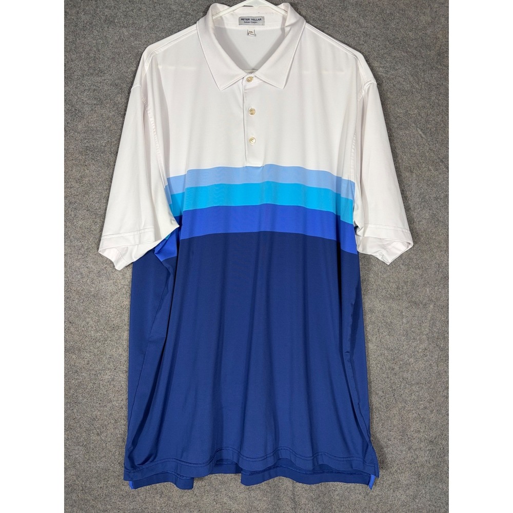 Peter Millar Summer Comfort Polo Shirt Mens XXL Blue White Stripe Colorblock